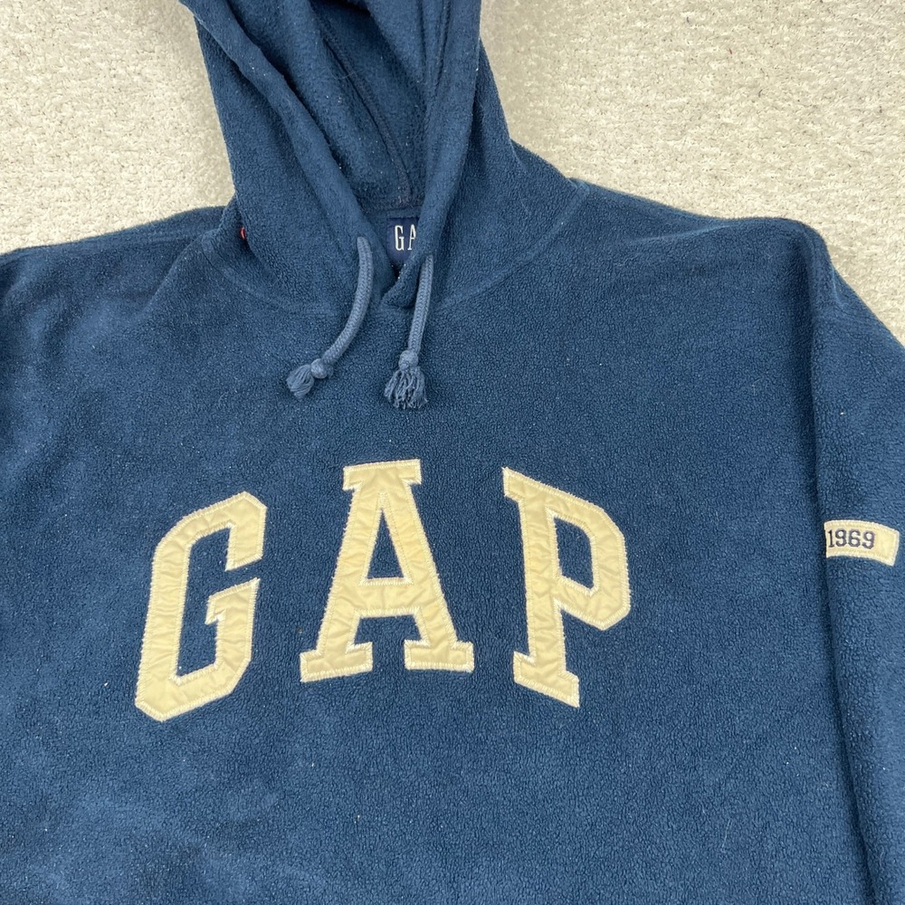 Vtg Gap Fleece Hoodie Mens Large Navy Blue Spellout Logo 1969 Pullover Korea - Picture 3 of 12